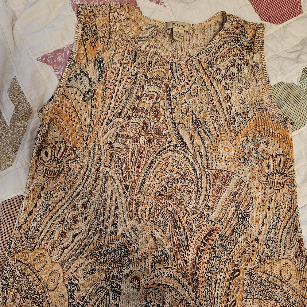 St. John Plissé Paisley Blouse in Orange and Cream